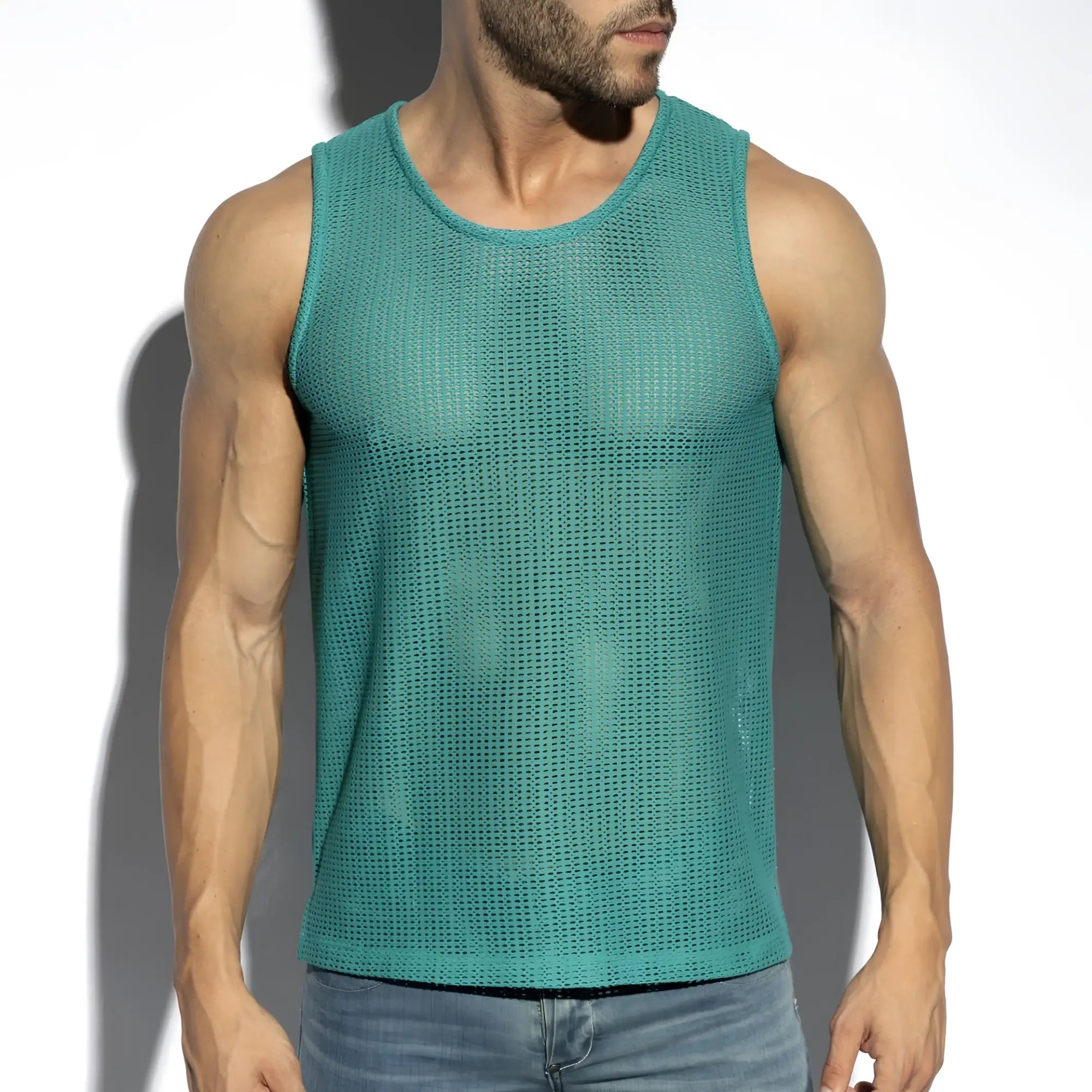 Formentera retro tank top in teal mesh texture with sleeveless design and round neckline perfect for casual wear