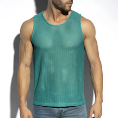 Formentera retro tank top in teal mesh texture with sleeveless design and round neckline perfect for casual wear