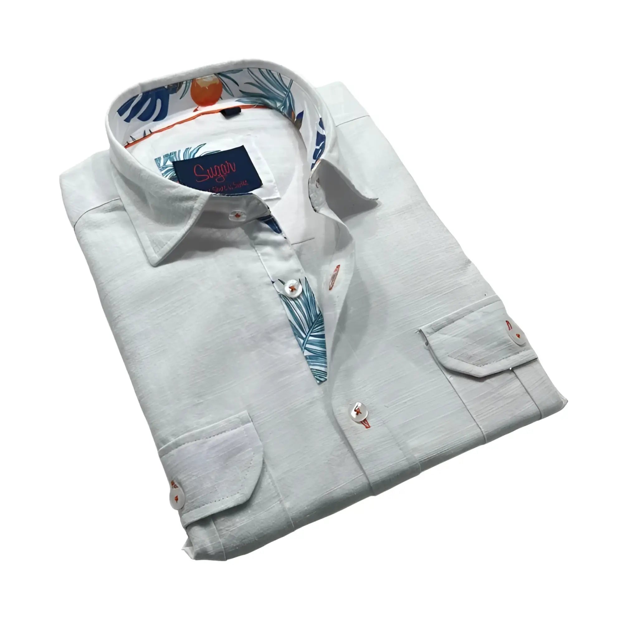 Freddy l/s buttondown light gray linen shirt with tropical leaf and orange pattern on inner collar placket and pocket flaps