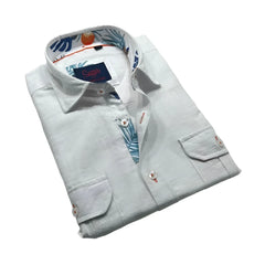 Freddy l/s buttondown light gray linen shirt with tropical leaf and orange pattern on inner collar placket and pocket flaps