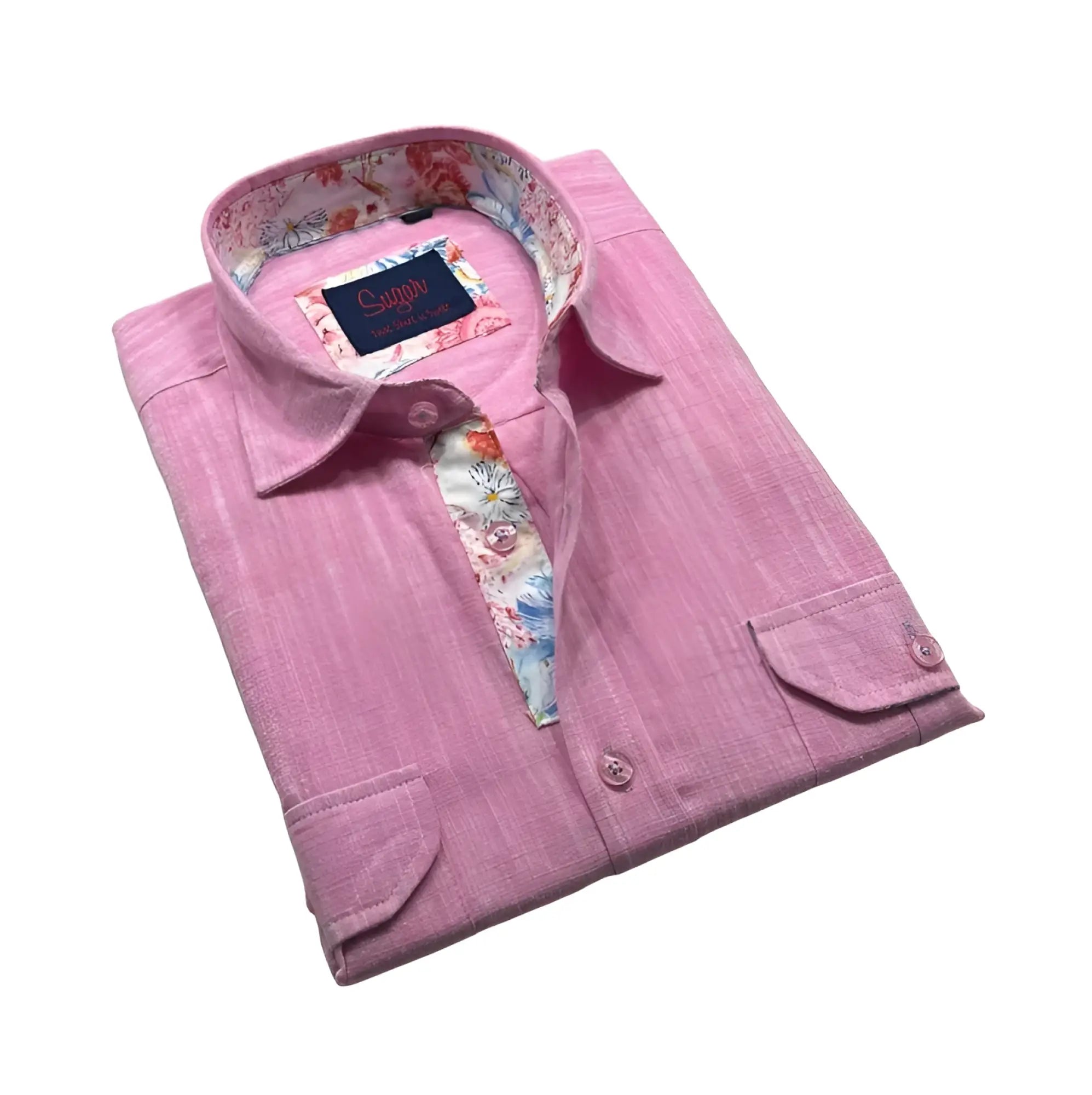 Freddy l/s buttondown pink linen shirt with floral inner lining and collar featuring sunny brand label