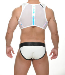 Freon crop top white mesh tank top with iridescent blue and pink vertical stripes and black waistband trim