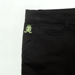 Black denim frog chino short showing back pocket with small embroidered green frog wearing a crown