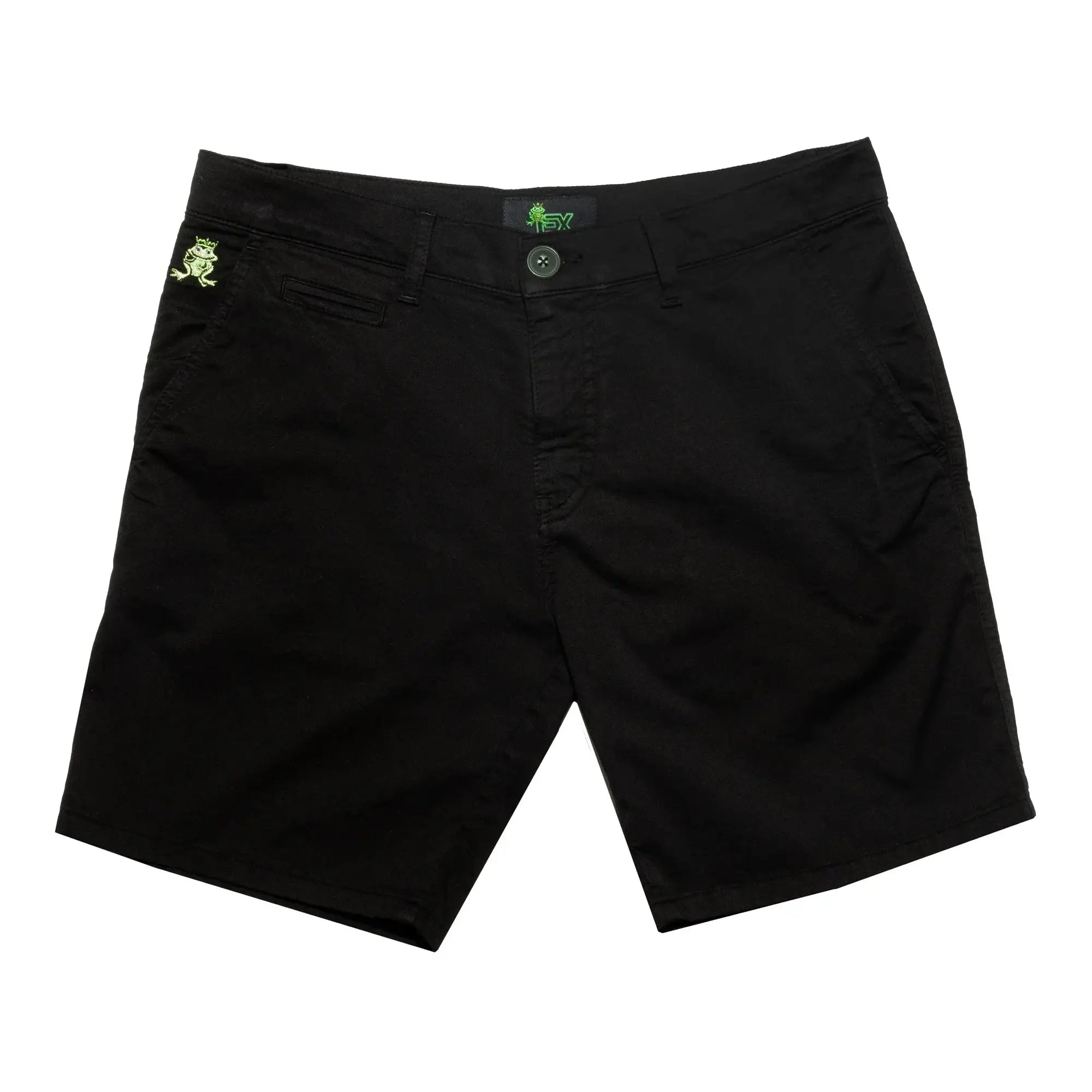 Black chino shorts featuring neon green frog embroidery on the left pocket and matching logo tag at the waistband