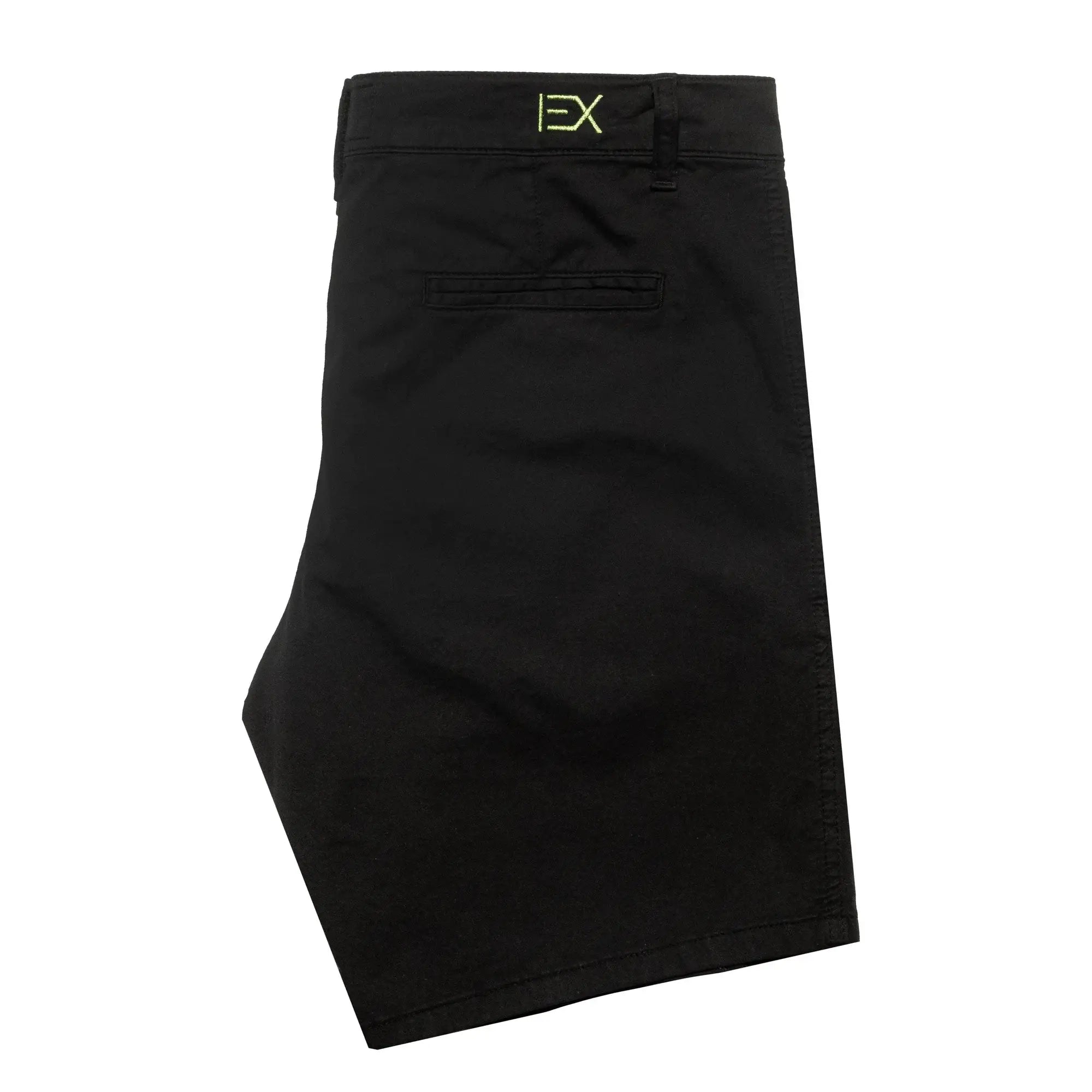 Black frog chino short with subtle neon green ex logo embroidered on the waistband in cotton material