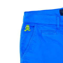 Bright blue frog chino short with green embroidered frog logo on front pocket made from soft chino fabric