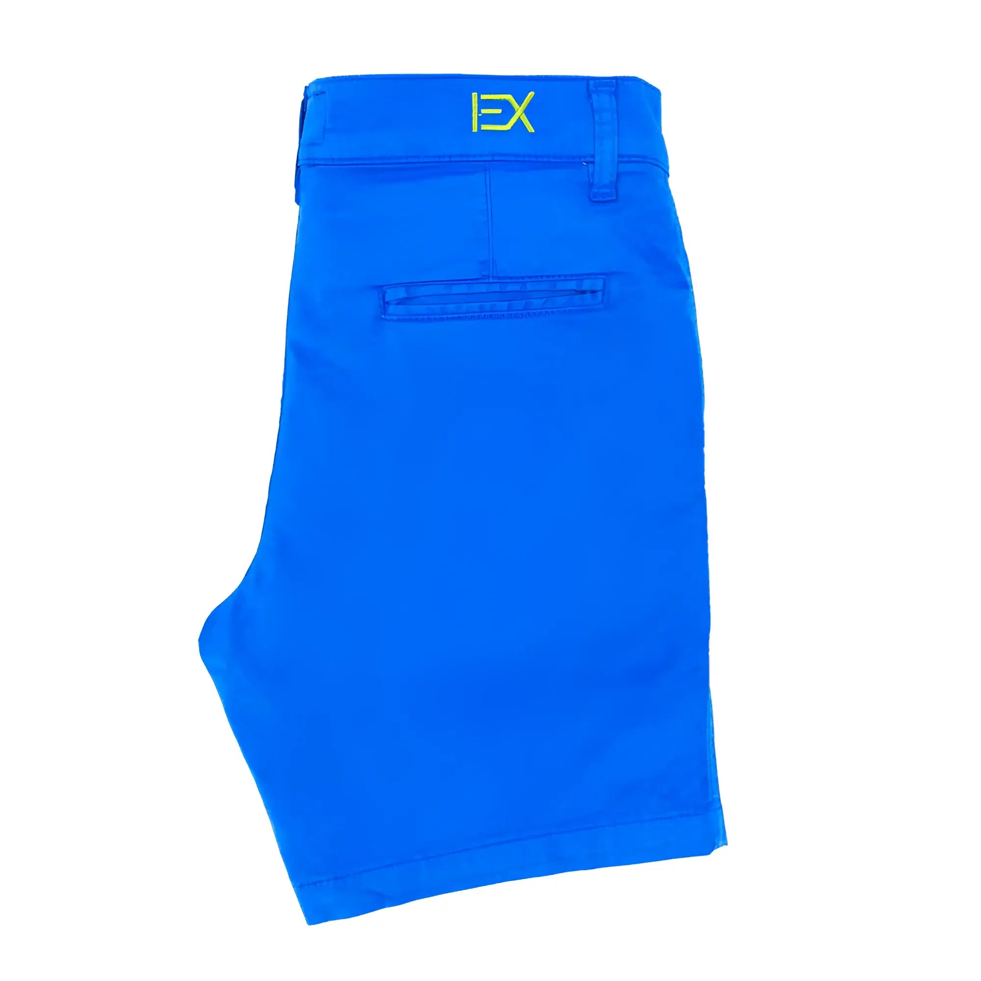 Bright blue frog chino shorts with neon yellow ex logo embroidered on the waistband for casual wear