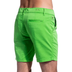 Bright green frog chino shorts with subtle textured weave and branded logo on waistband and back pocket shown from back