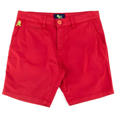 Bright red frog chino short featuring a playful green frog emblem on the waistband and orange button closure
