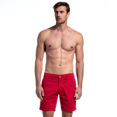 Red frog chino short with button closure and belt loops in durable cotton material