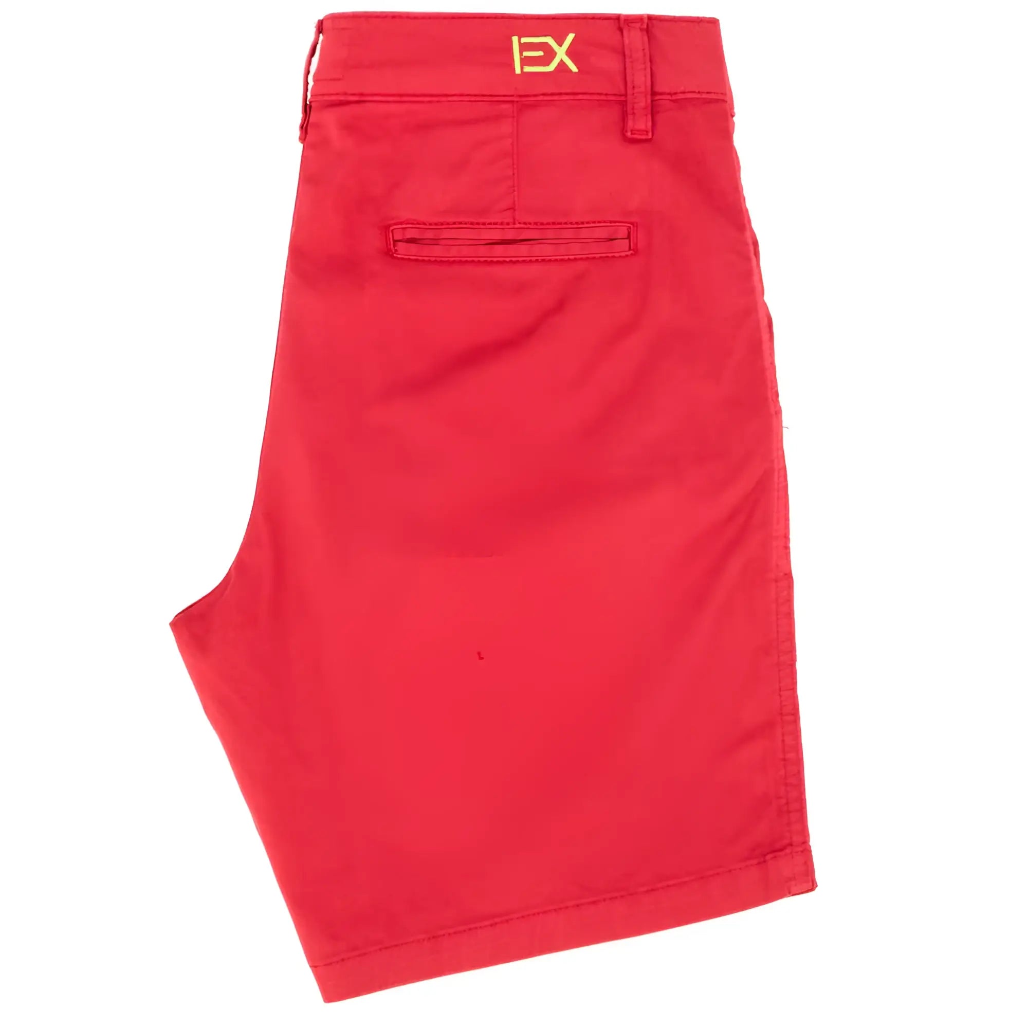 Red chino shorts with gold ex logo on waistband part of frog chino short collection made from breathable fabric