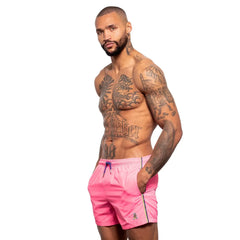 Bright pink frog swim trunk with drawstring waistband and subtle side stripes for comfortable swimming