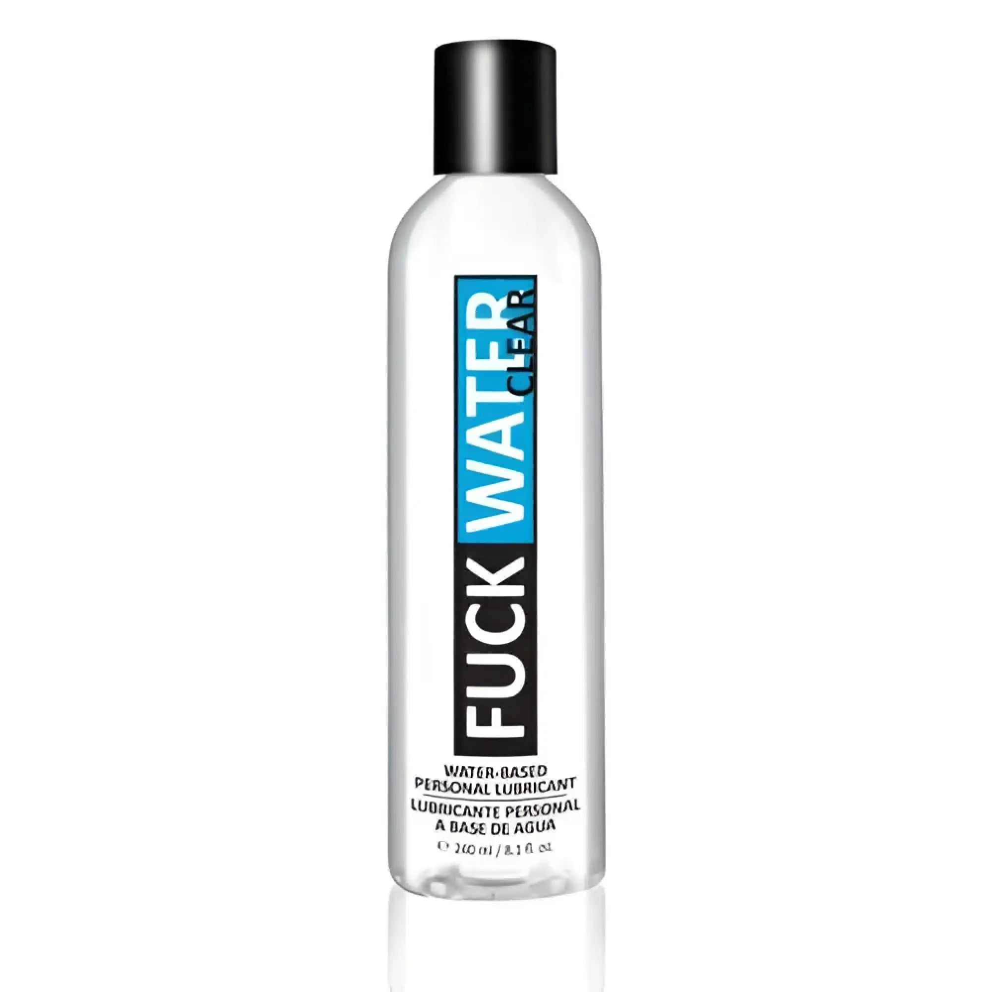 Clear plastic bottle with black cap and blue and black label reading fuck water clear water-based personal lubricant