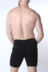 Black full court denim zipper shorts with sleek modern cut and subtle stitching details in durable denim material