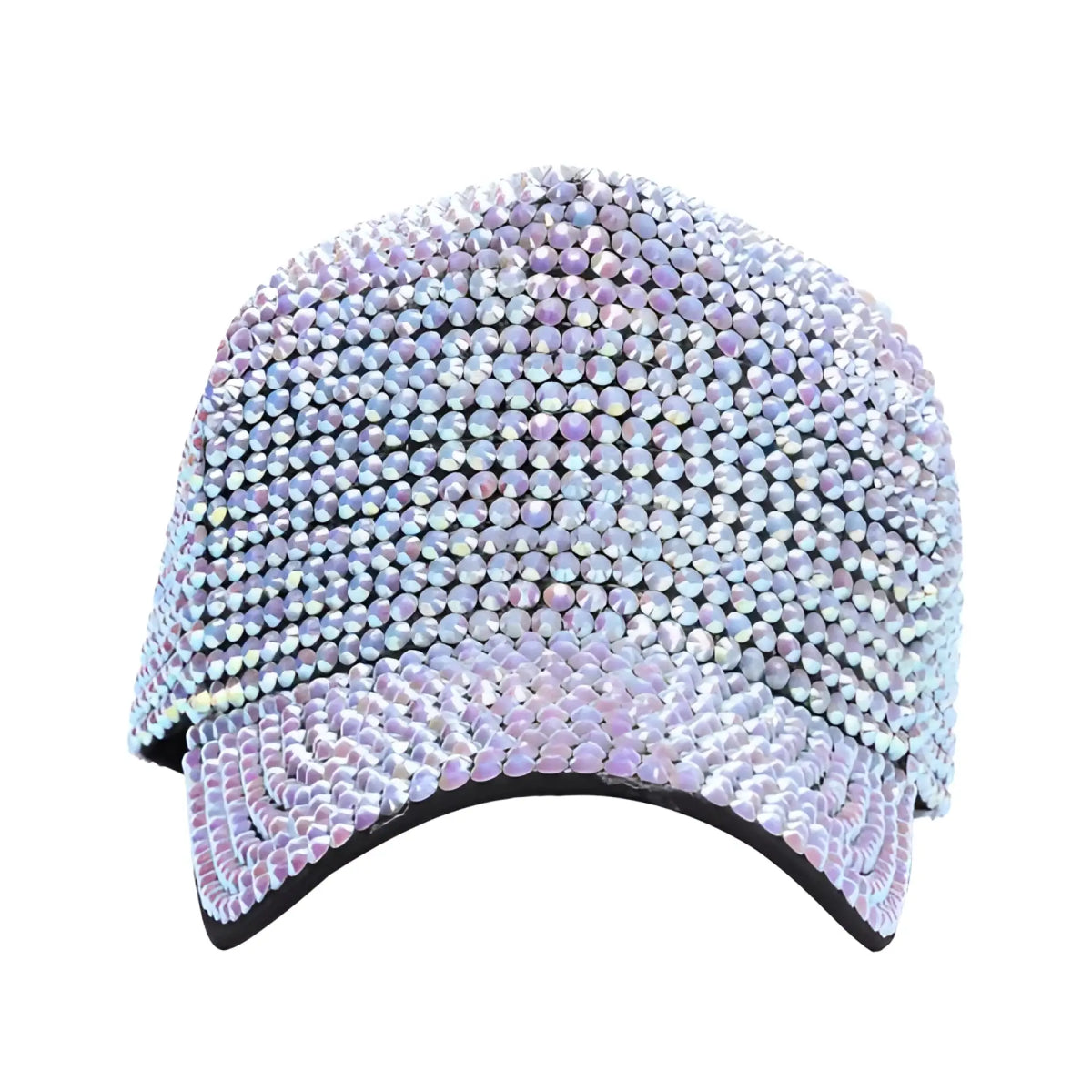 A full rhinestone baseball cap with shimmering iridescent pastel rhinestones and a sleek black brim and trim