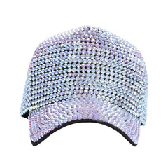 A full rhinestone baseball cap with shimmering iridescent pastel rhinestones and a sleek black brim and trim