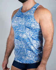 Blue and white geometric patterned men’s tank top fun square print tank made of lightweight breathable fabric