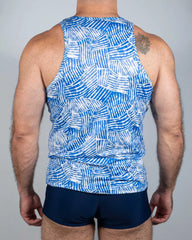Blue and white geometric patterned tank top with a modern abstract design in breathable fabric fun square print tank