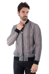 Men’s funky novelty bomber jacket with black and white striped pattern ribbed cuffs and waistband