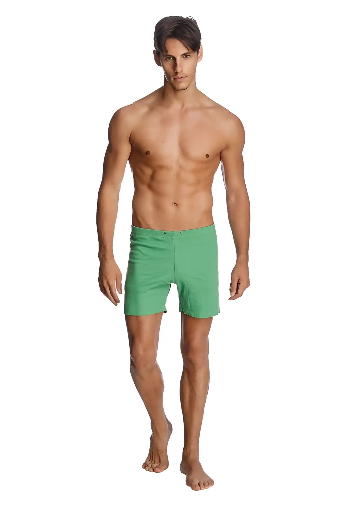 Green cotton fusion yoga shorts in bamboo green designed for swim and active wear
