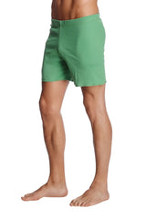 Fusion yoga short in bamboo green featuring relaxed fit green textured shorts with a frayed hem