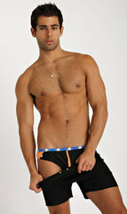 Black fusion yoga shorts with blue and white striped waistband and orange zipper pull for active wear