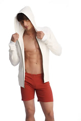 White hooded zip-up jacket with contrasting dark zipper trim ideal for activewear and layering