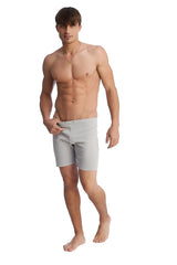 Light gray slim-fit fusion yoga shorts in heather grey with a clean modern design for active wear