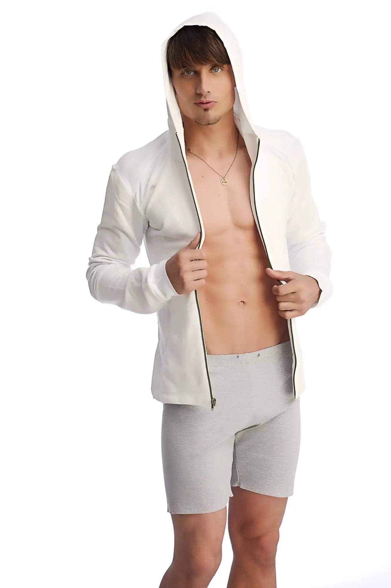 White hooded zip-up jacket with black zipper trim paired with heather grey fusion yoga shorts for athletic wear