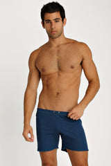Navy blue fusion yoga short with simple design and two silver-toned buttons at the waistband