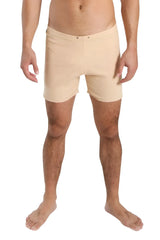 Beige fusion yoga short in form-fitting smooth fabric with subtle front seam detail ideal for swim or activewear