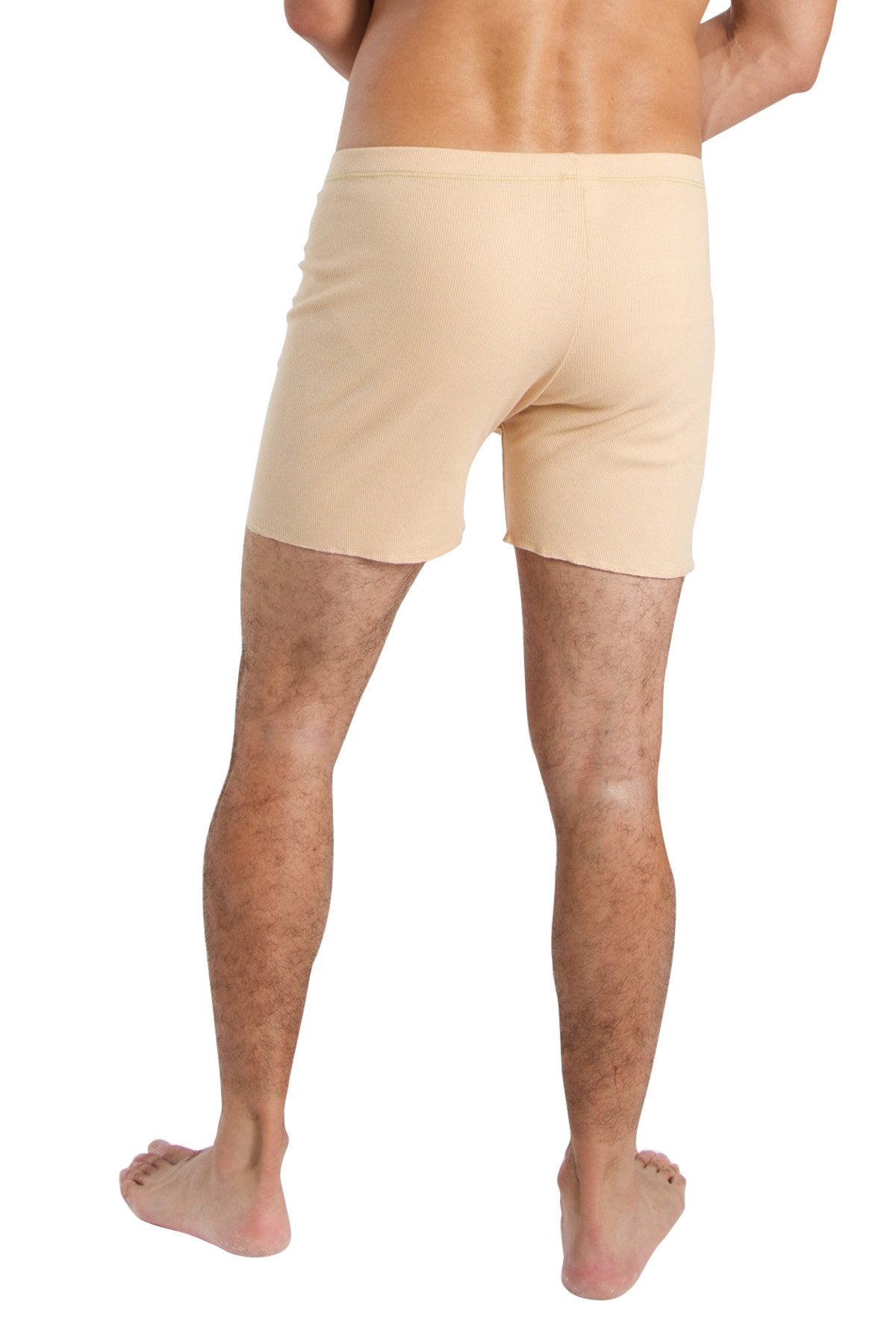 Beige stretchy fusion yoga short briefs with smooth seamless design for comfortable activewear use