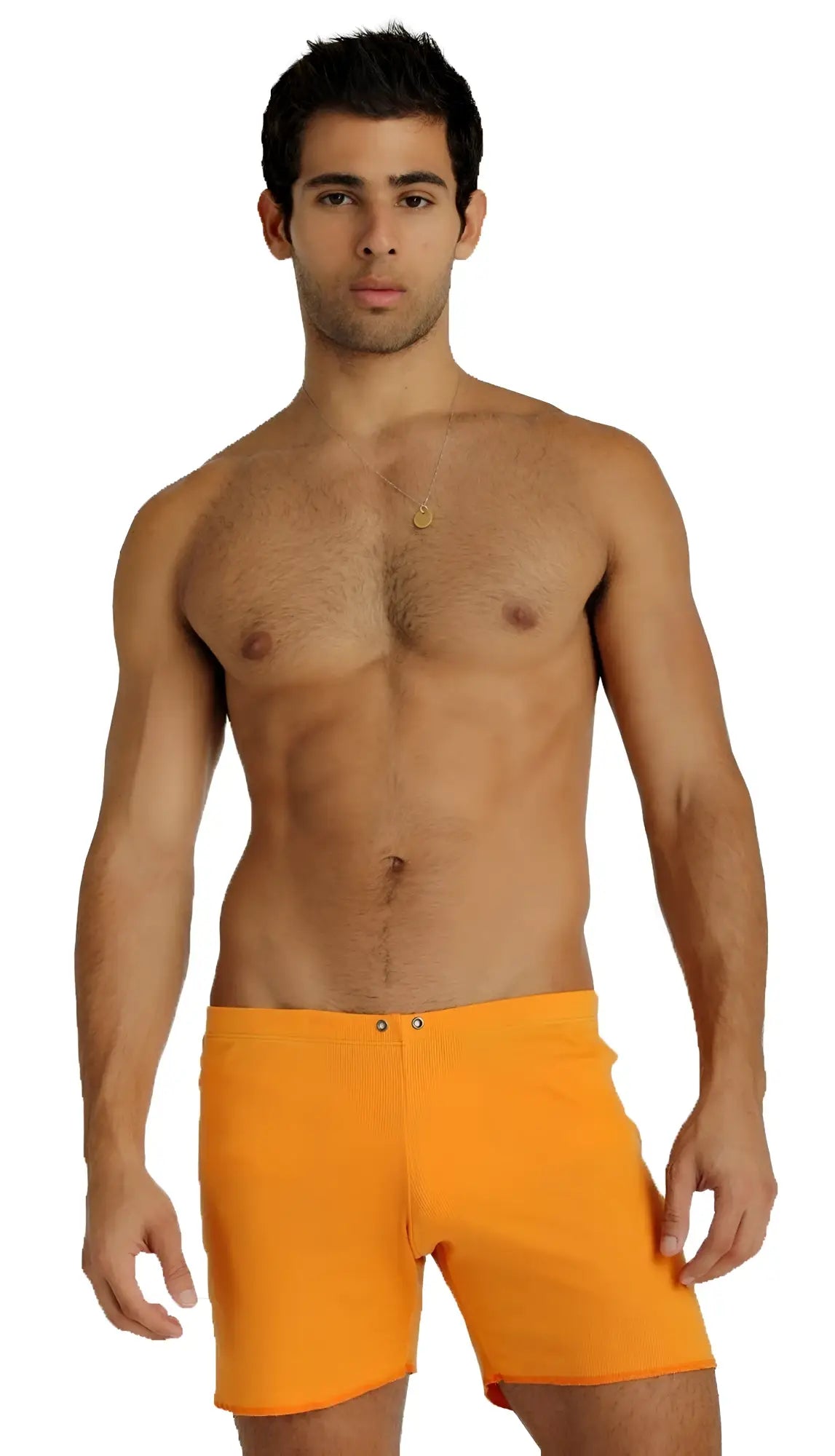Bright orange fusion yoga short swim trunks with simple clean design and two front button closures