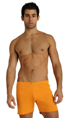 Bright orange fusion yoga short swim trunks with simple clean design and two front button closures