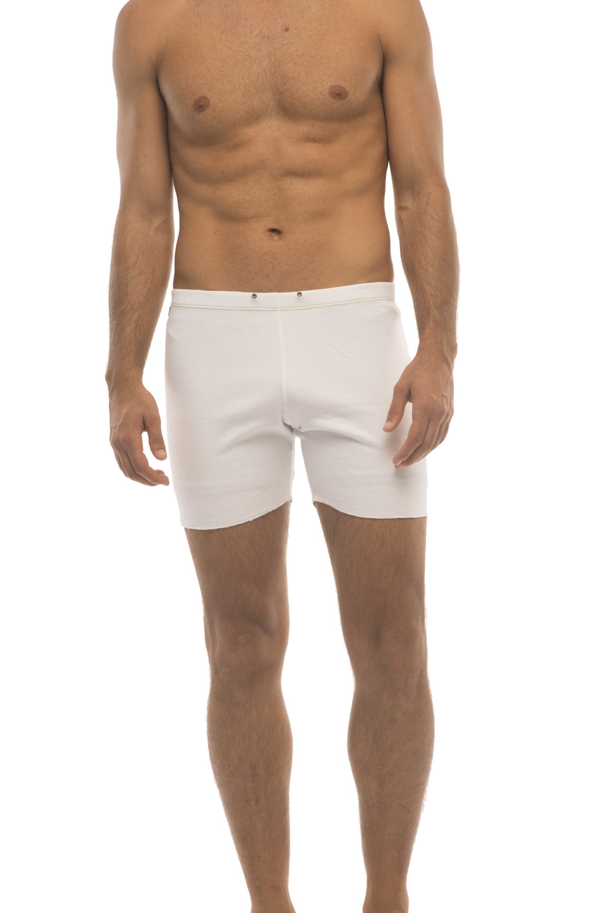 White Fusion Yoga short swim trunks featuring a clean minimalist design with subtle stitching details