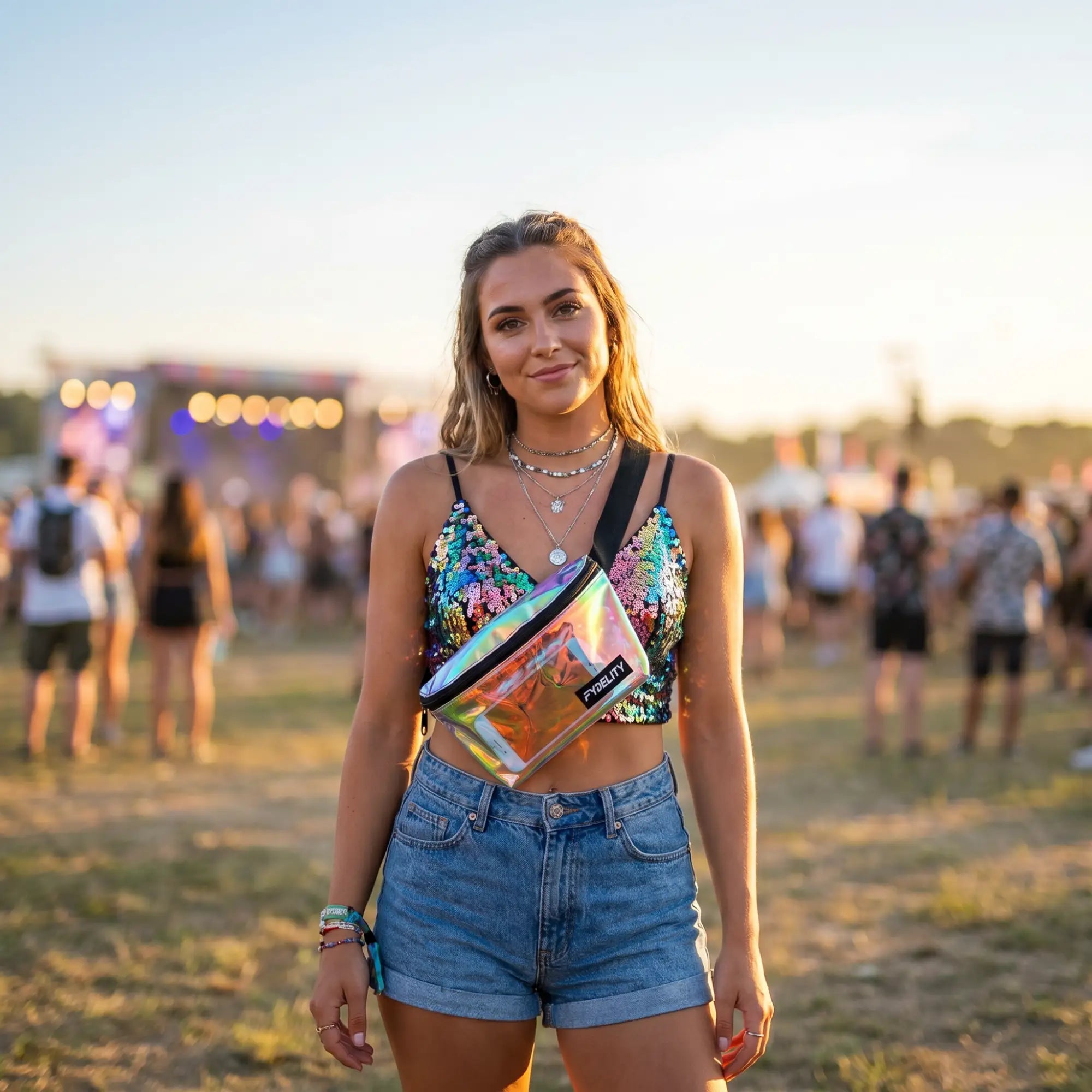 Woman at a summer music festival wearing an iridescent holographic rainbow FYDELITY ultra-slim fanny pack
