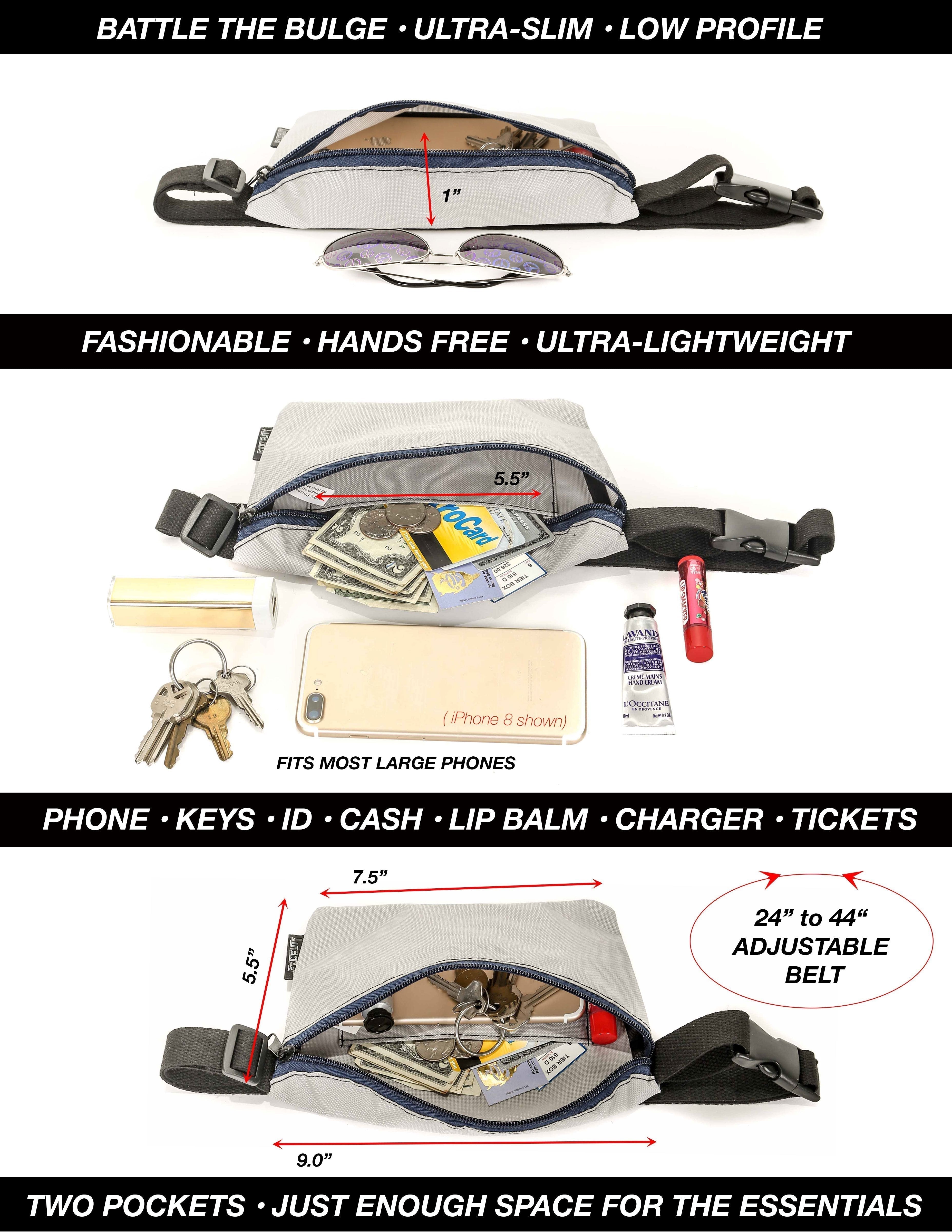Werds ultra slim fanny pack in gray with black adjustable belt and navy blue trim for lightweight daily use