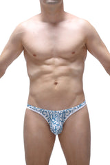 Blue and white patterned thong g-string anost carlot blue with sleek modern design shown from the back side