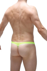 Bright neon yellow g-string anost net made of sheer stretchy fabric with thin waistband shown from the back side