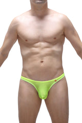 Neon green sheer mesh thong g-string with neon yellow net fabric and small orange logo on the waistband back side