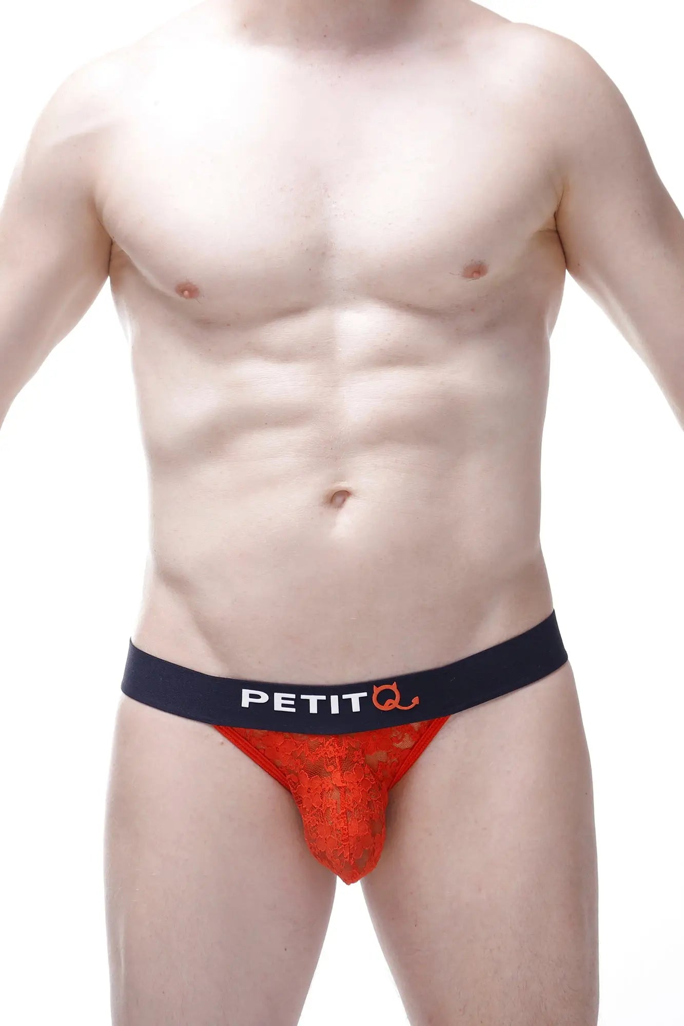 Red lace men briefs with a black petitq logo waistband featured in g-string auriat lace red product image