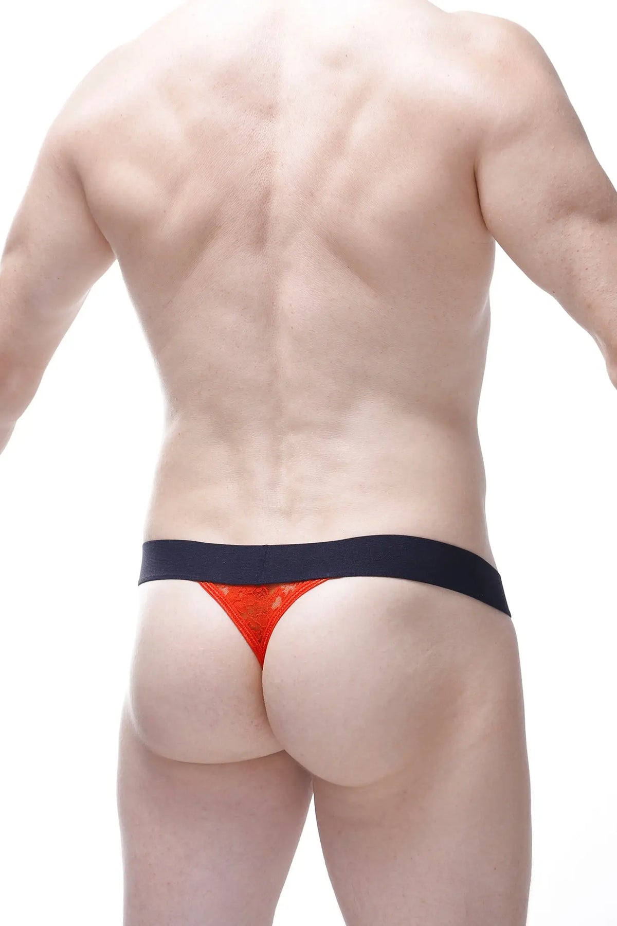 Orange lace g-string aubiat with black waistband featuring delicate lace design for stylish lingerie wear