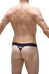 Black g-string aubiat net camo thong with subtle light gray pattern on front made of breathable net fabric