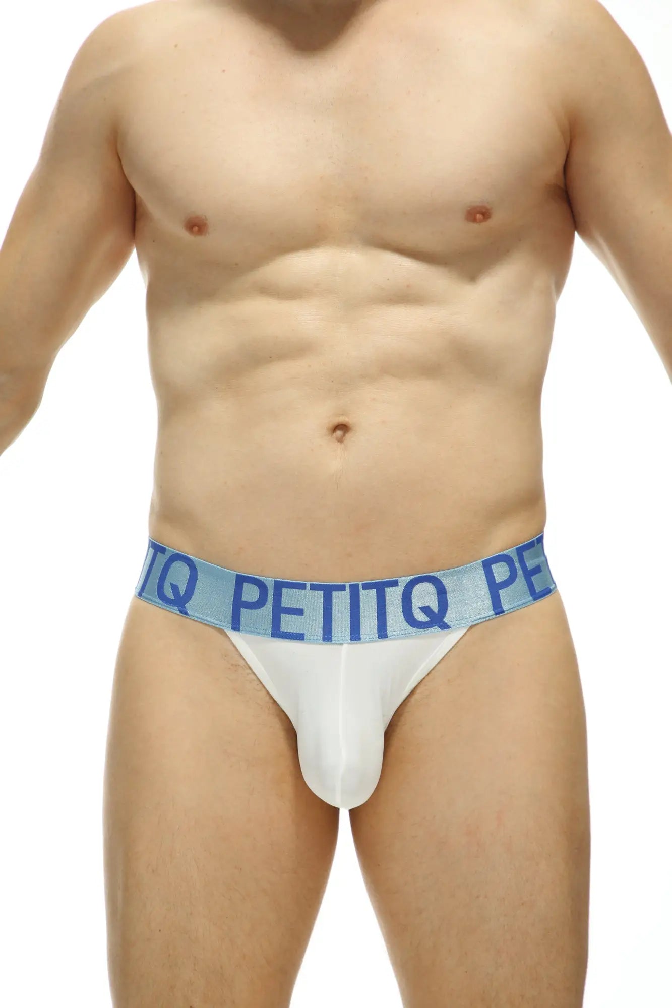White men’s briefs g-string aubiat white econyl with light blue elastic waistband and petitq logo in dark blue