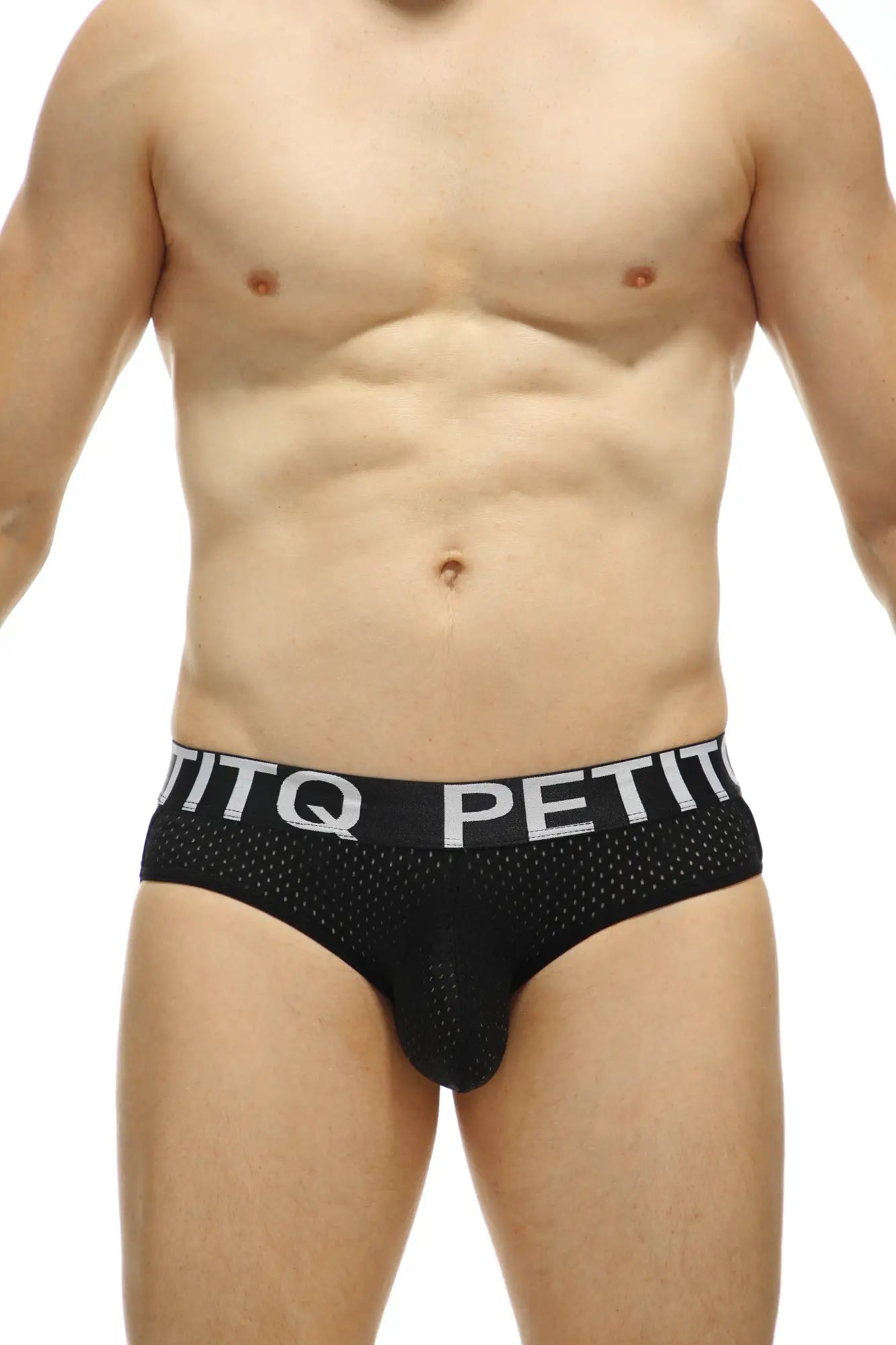 Black mesh g-string briefs with a white petitq logo band in bard bee black color showing front side
