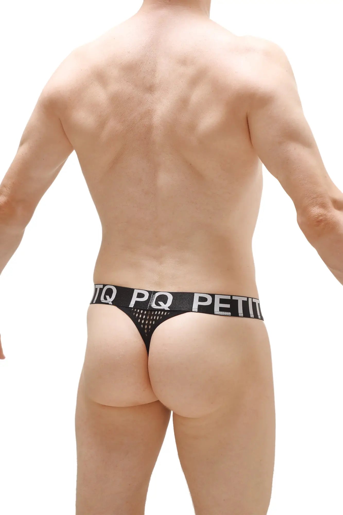 Black mesh thong g-string chanac durtol black with solid black waistband and white pq petit text