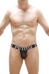 Black mesh g-string chanac durtol with white petitq logo band showcasing breathable lingerie design