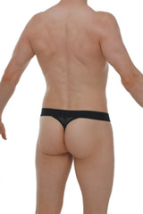 Black g-string chanac durtol featuring mesh panel and small embellishments shown from the back side