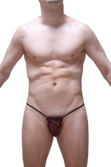 Black g-string cocksak boudoir thong with red flame-like patterns showing the back side design
