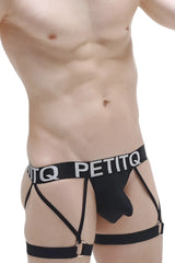Black petitq mens g-string garter carys briefs with supportive strappy design and white waistband lettering